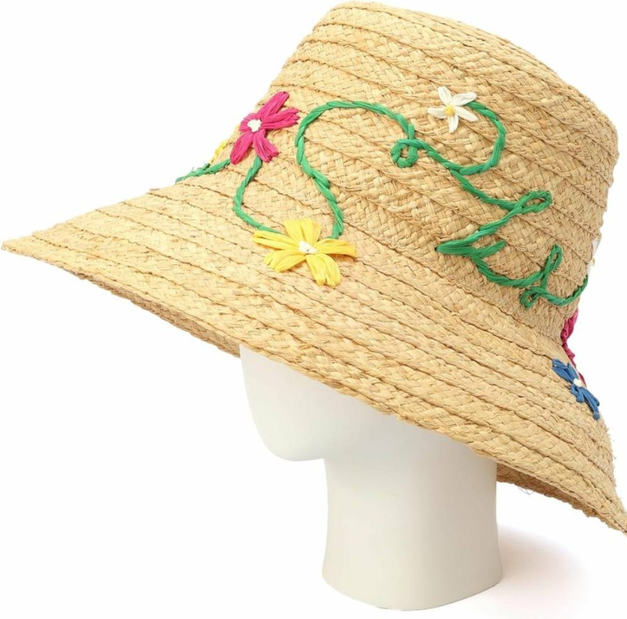 Kate Spade New York Women's Raffia Sun Hat with Floral Embroidery, Summer Beach Hat, Fashion Accessory for Women