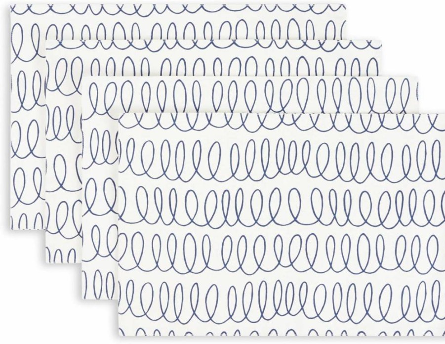 Kate Spade New York Reversible Cotton Placemats 4-Pack Set, Cream & Navy Blue, 13x19 Inches, Machine Washable Dining Table Mats