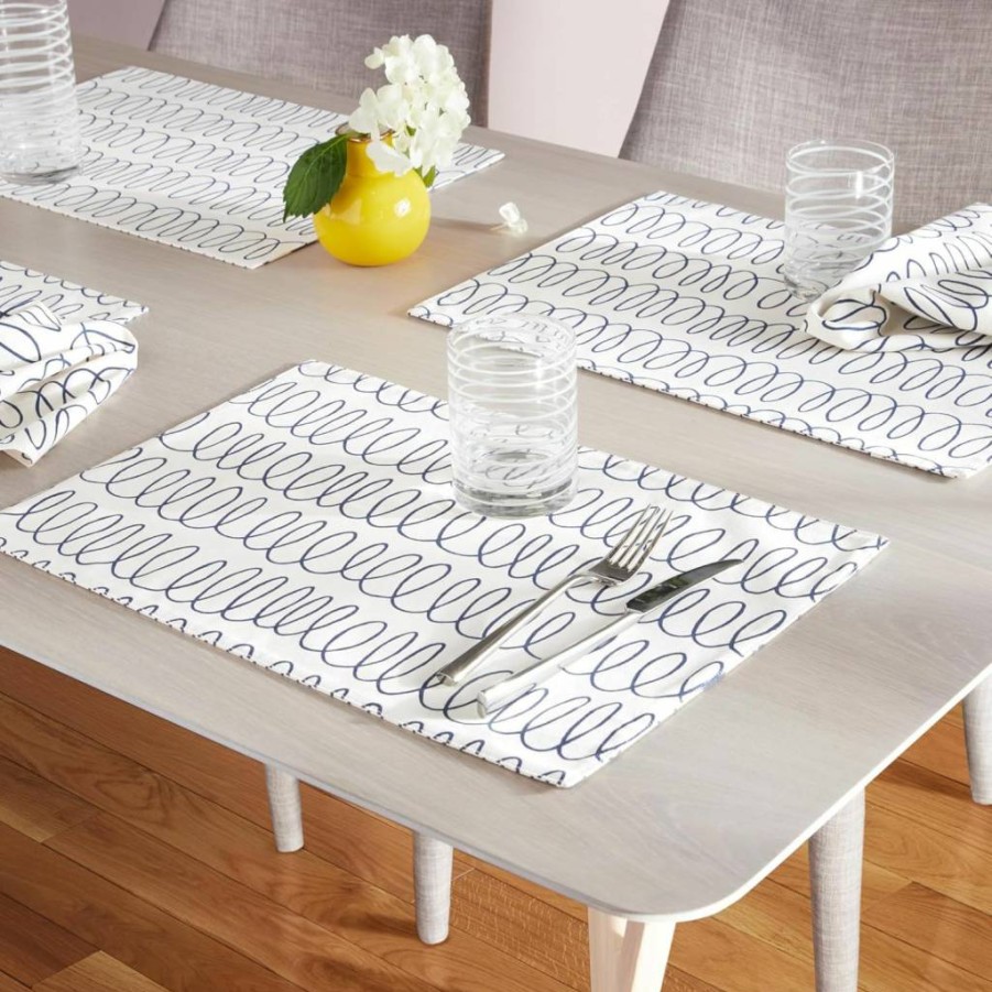 Kate Spade New York Reversible Cotton Placemats 4-Pack Set, Cream & Navy Blue, 13x19 Inches, Machine Washable Dining Table Mats