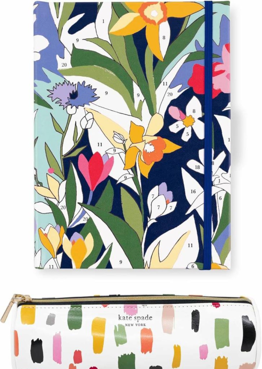 Kate Spade New York Vegan Leather Writing Journal with Pen Case, 168 Lined Pages, Zipper Pouch for Office Supplies, Paint by Numbers Design