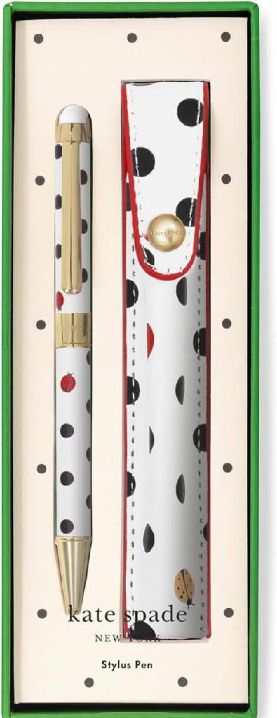 Kate Spade New York Ladybug Dot Stylus Pen - Touch Screen & Ballpoint Dual Tip, Black Ink, Includes Storage Pouch