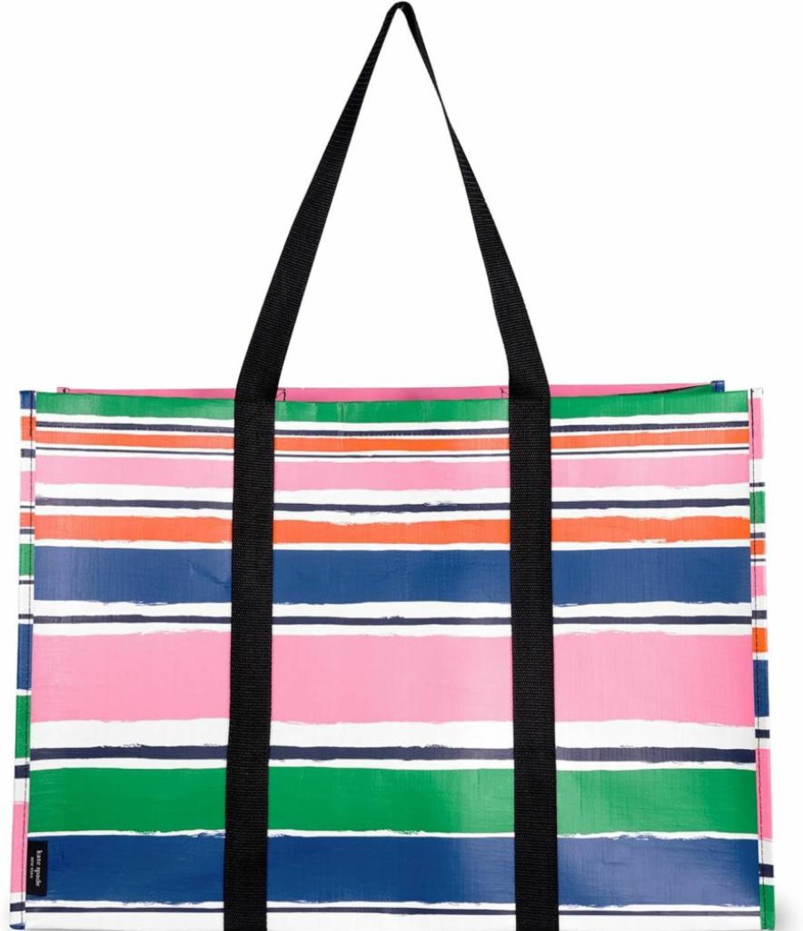 Kate Spade New York Striped Reusable Grocery Tote Bag - Large Collapsible Shopping Bag with Pockets, Ocean Stripe Design