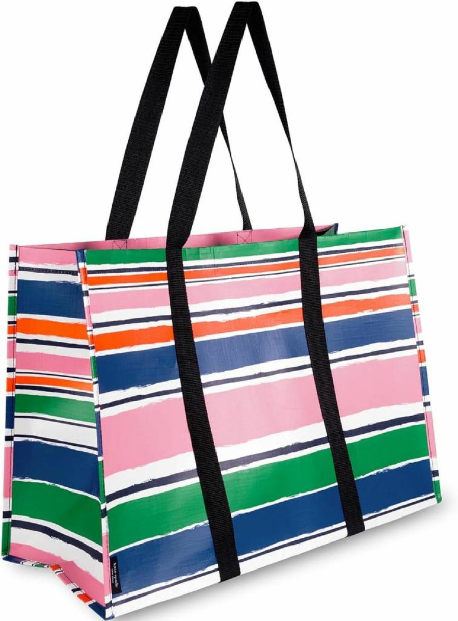 Kate Spade New York Striped Reusable Grocery Tote Bag - Large Collapsible Shopping Bag with Pockets, Ocean Stripe Design