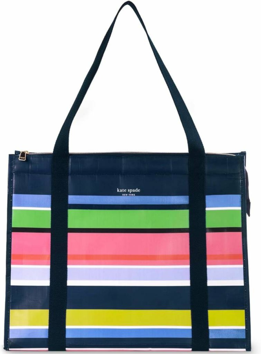 Kate Spade New York Insulated Reusable Grocery Tote Bag - Large Collapsible Cooler Tote with Shoulder Straps, Sunny Day Stripe Design