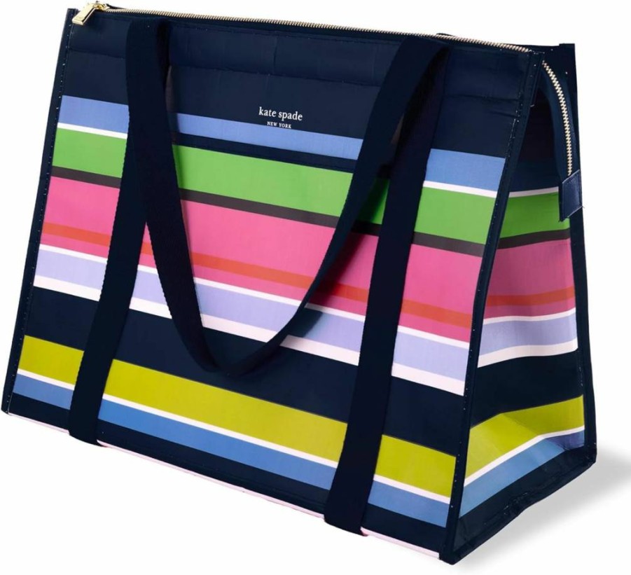 Kate Spade New York Insulated Reusable Grocery Tote Bag - Large Collapsible Cooler Tote with Shoulder Straps, Sunny Day Stripe Design