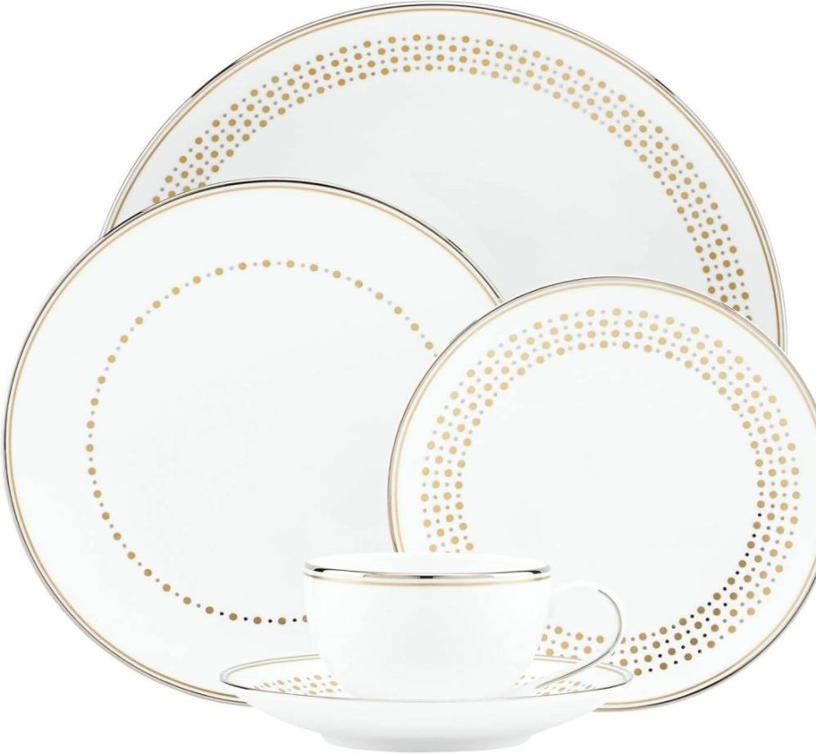 Kate Spade New York Richmont Road 5-Piece Dinnerware Set - White Bone China with Platinum & Gold Accents, Elegant Place Setting