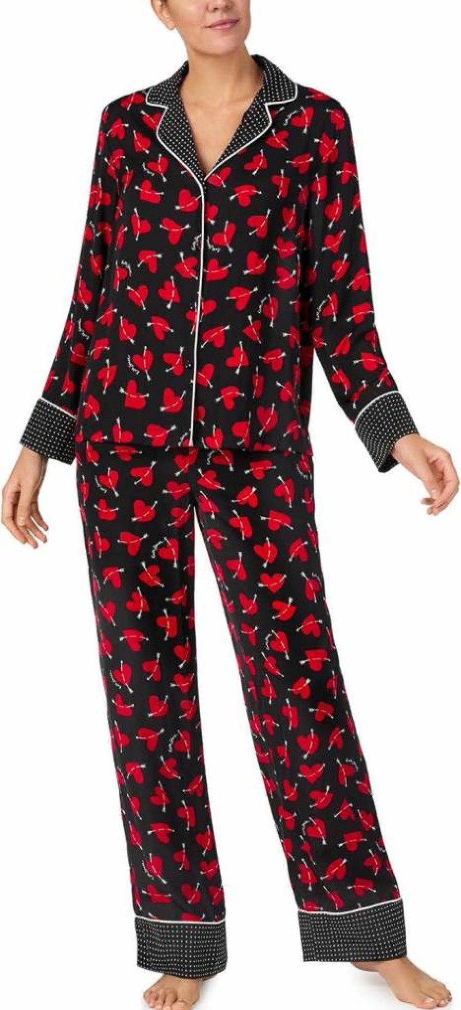 Kate Spade New York Women's Silk Pajama Set - Long Sleeve Notch Collar Top & Pants with Contrast Cuffs, Luxe Charmeuse Sleepwear