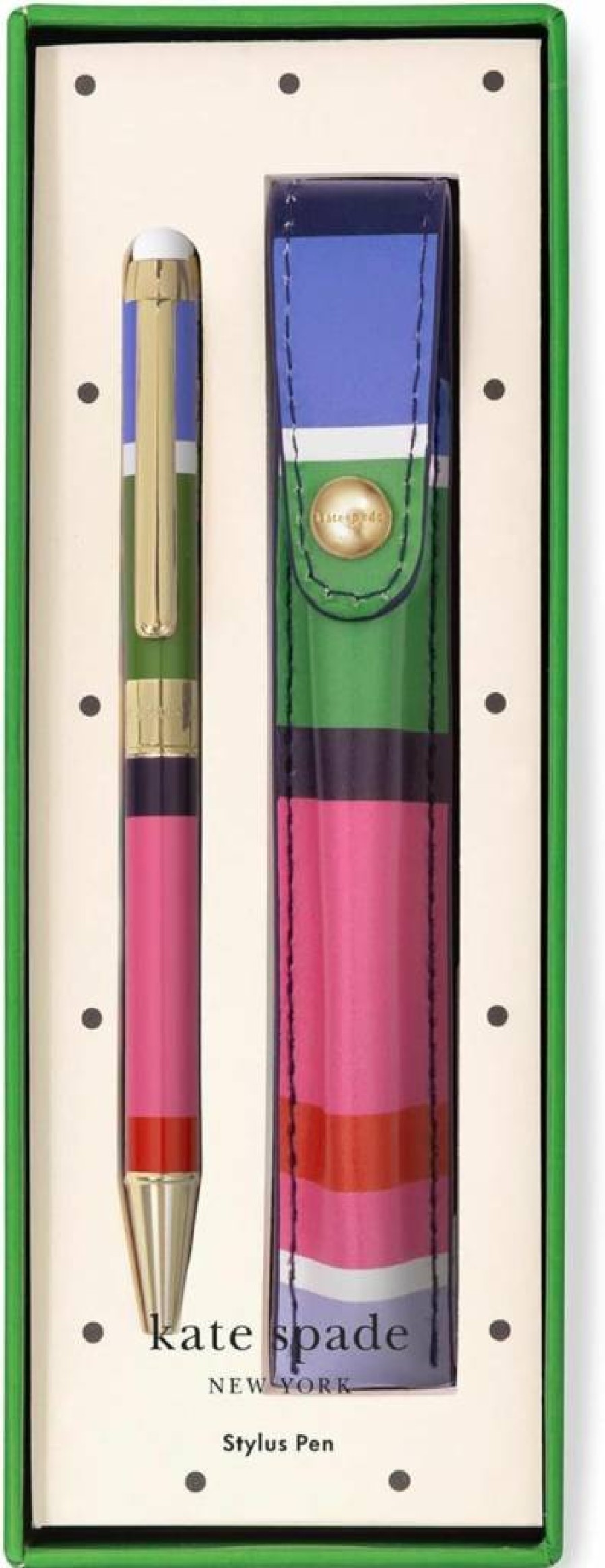 Kate Spade New York Sunny Day Stripe Stylus Pen - Touch Screen Compatible Metal Ballpoint Pen with Black Ink & Storage Pouch