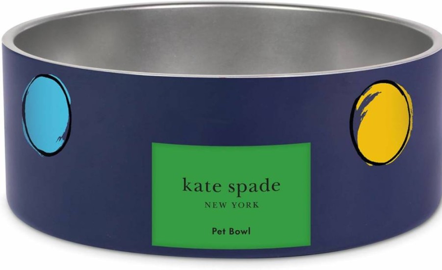 Kate Spade New York Navy Gingham Stainless Steel Dog Bowl - 32oz Non-Slip Pet Food & Water Dish, Large 4-Cup Capacity
